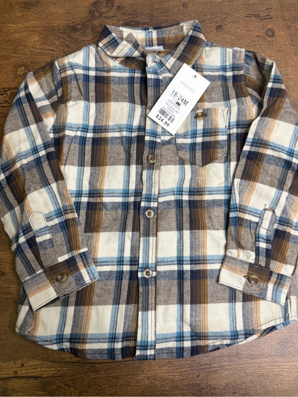 ⭐️5 for $20⭐️ NWT Urban Kids Plaid Button-Up Shirt - Blue, Brown & Cream 18-24M